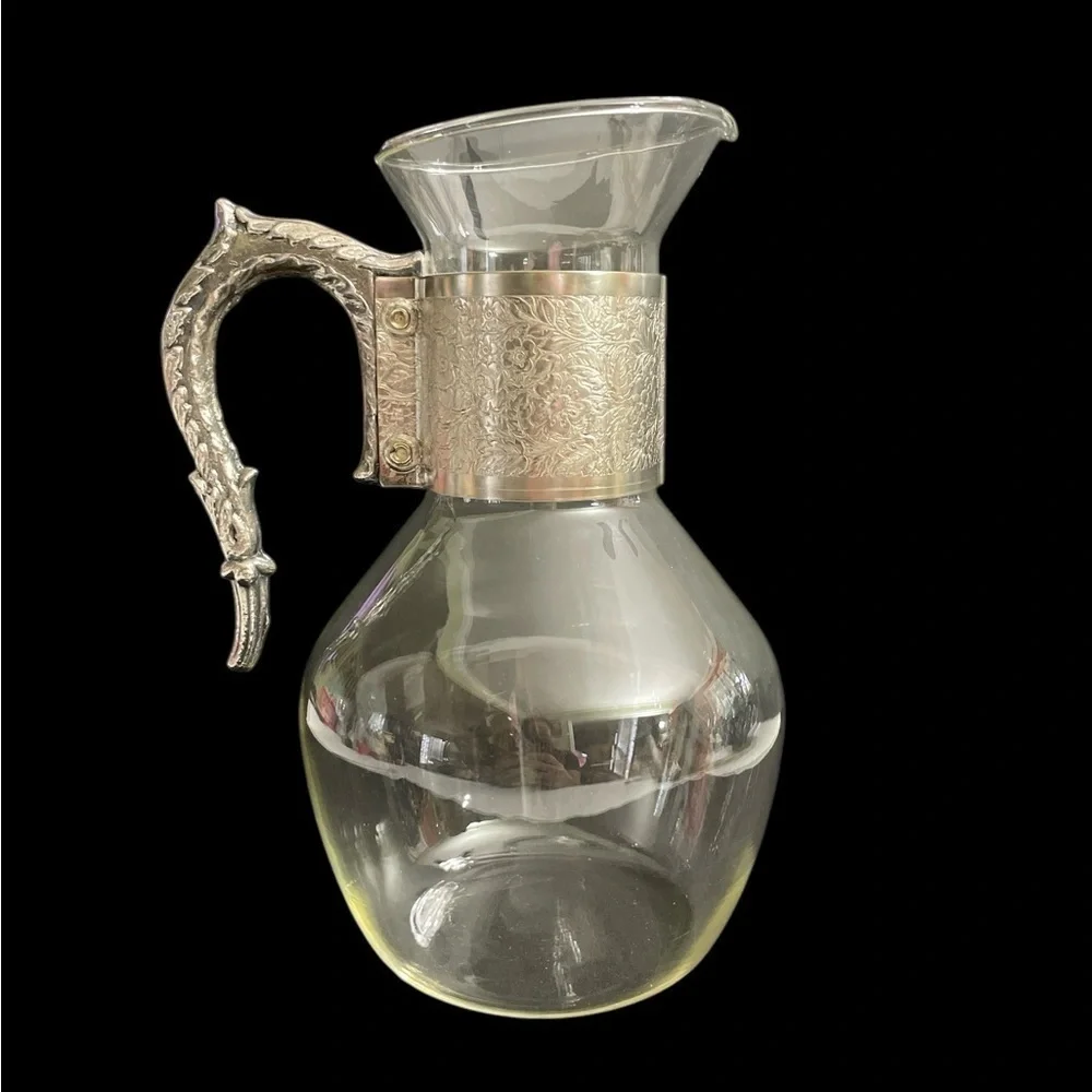 VTG 1960s Corning Brand Glass Pitcher with Pewter Silver Plated Neck & Hand